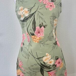 Caribbean Joe Sage Green Strapless Floral Dress with Pink and Peach Blooms
